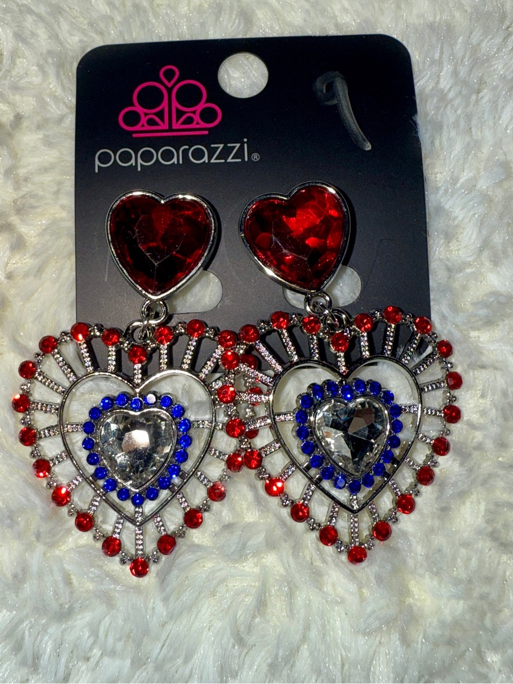 paparazzi Red, Blue & Clear Heart Drop Earrings - Sparkling Layered Hearts